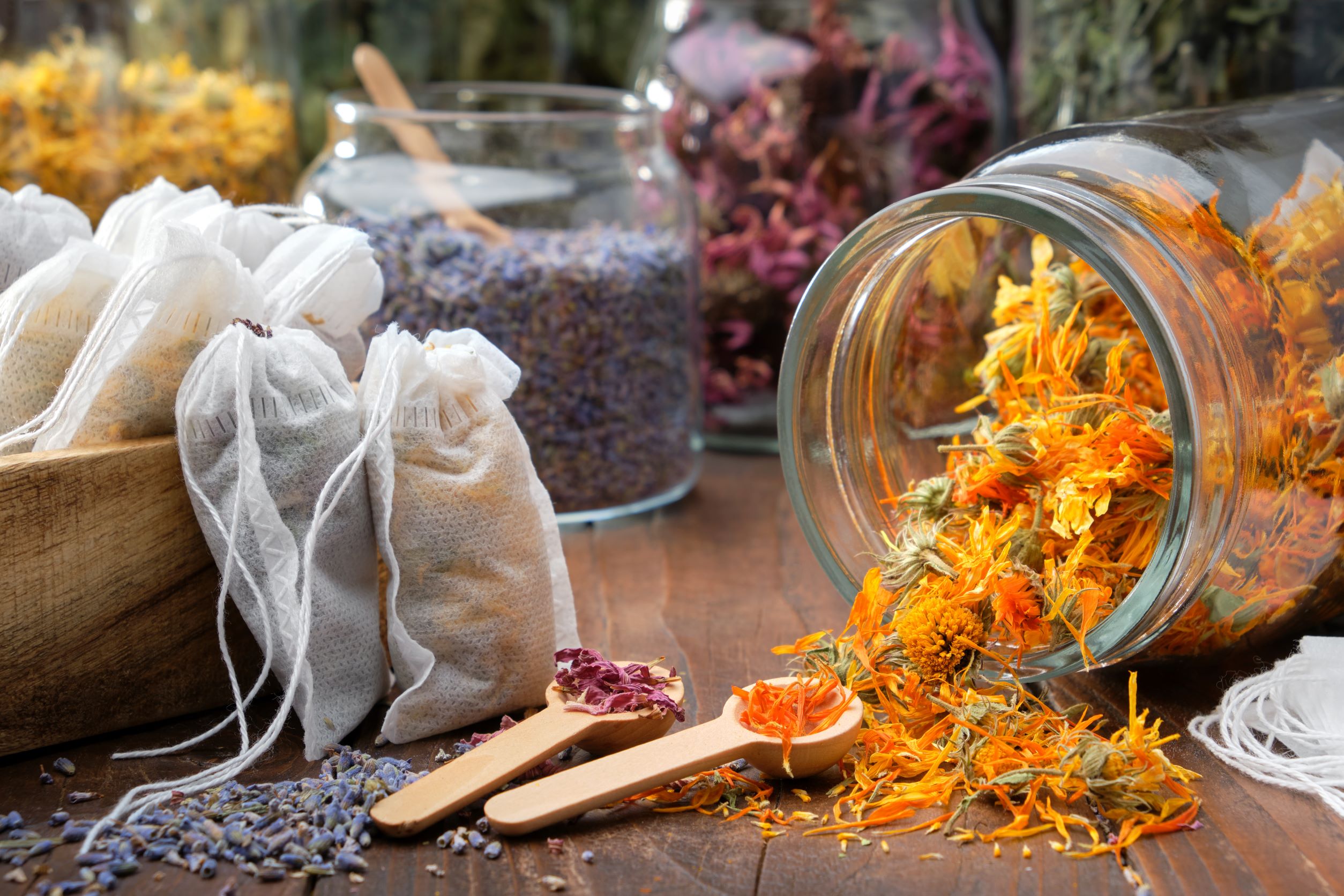 Dried calendula, lavender and rose petals for herbal sachets