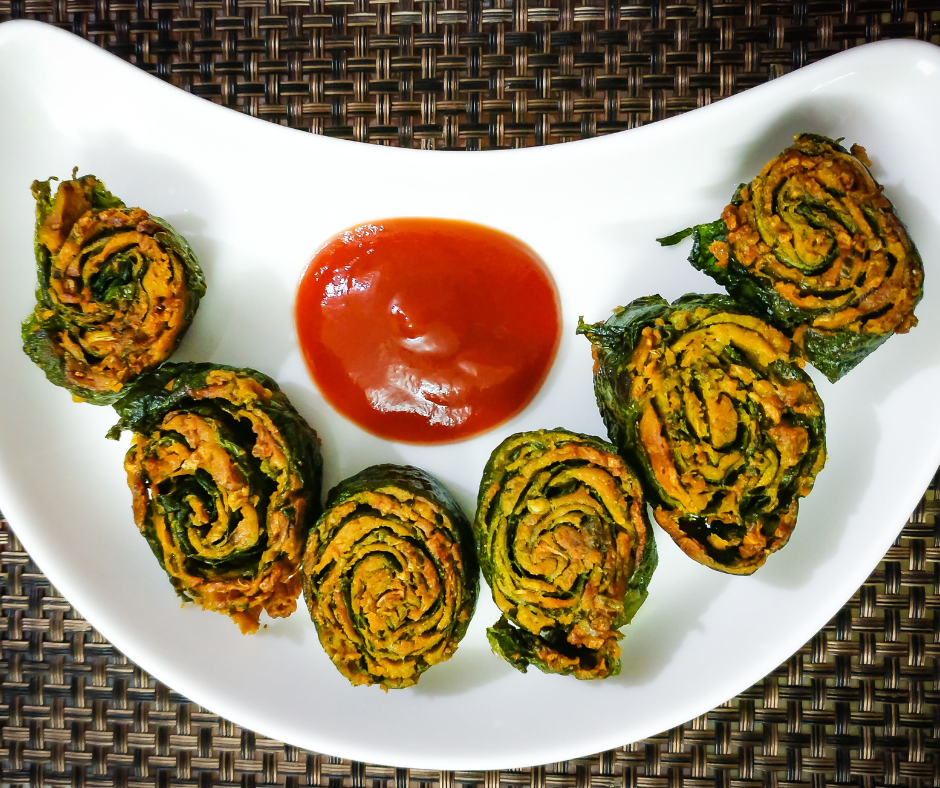 Delicious and easy malabar spinach wraps.