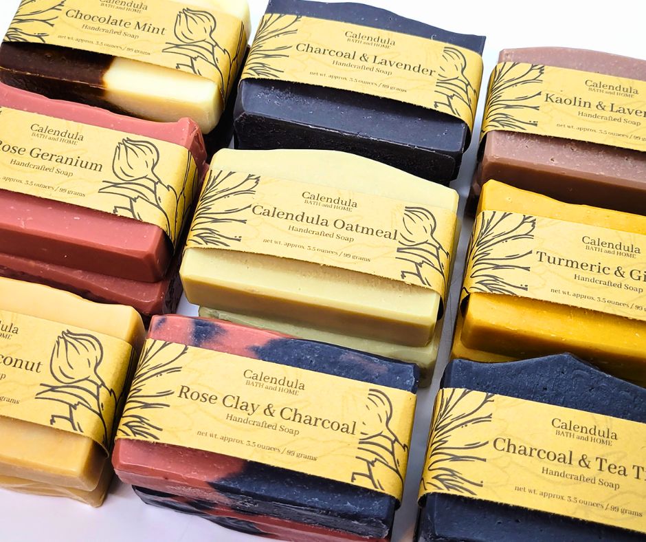 A selection of botanical handmade natural soap from Calendula Bath and Home.