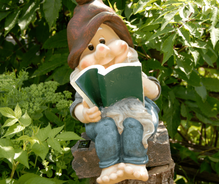 Cute garden gnome reading a book.