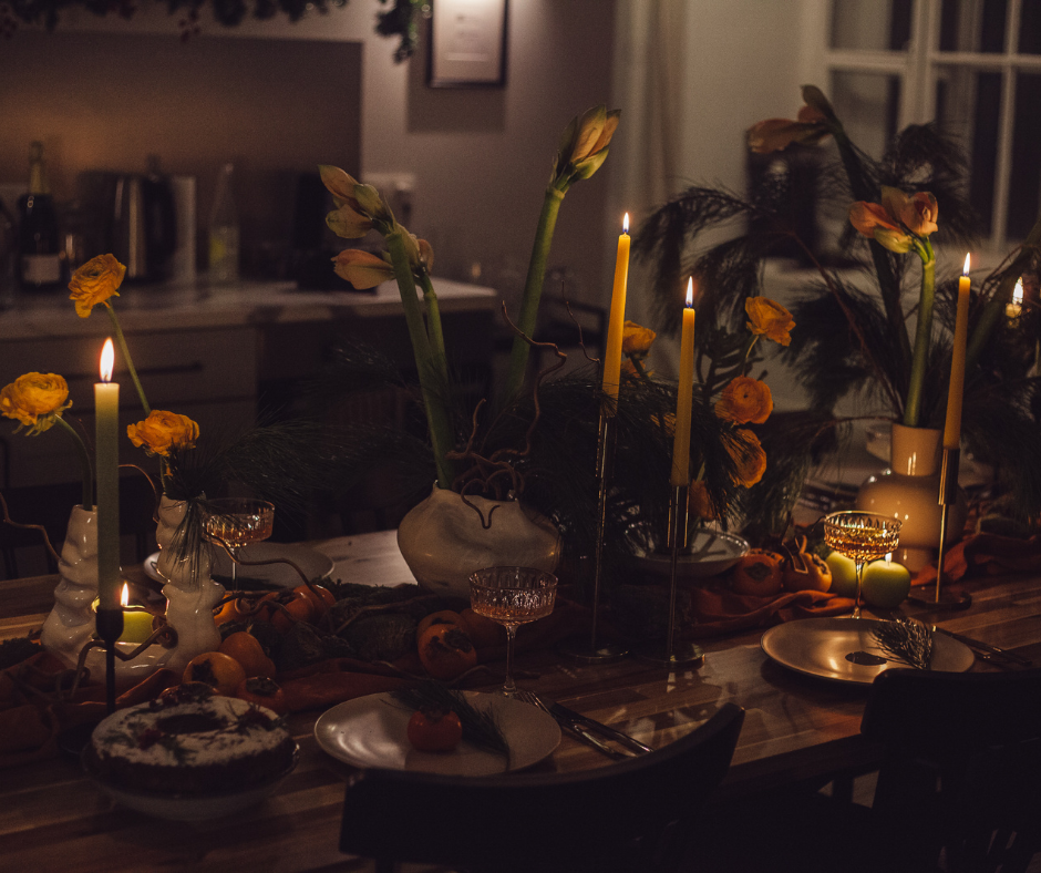 Romantic indoor garden-themed romantic dinner table.