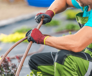 Gardener setting up an automated drip watering system