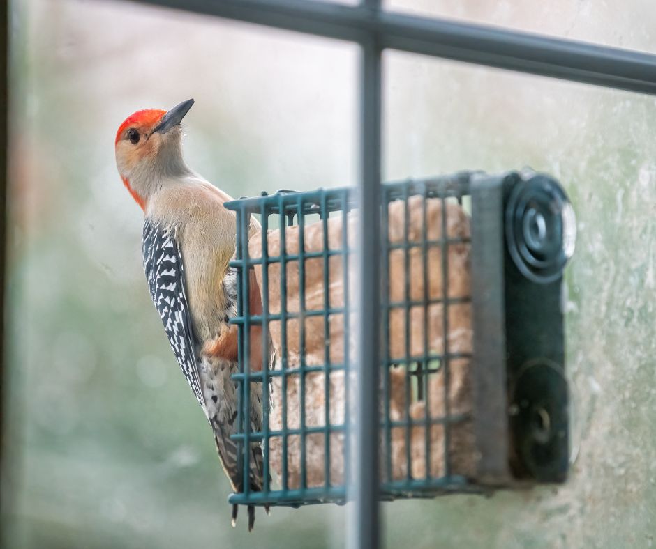 A wood pecker perched on a suet bird feed attached to a window.