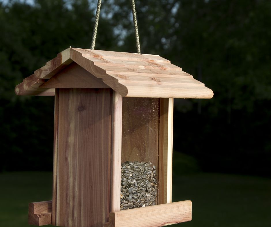 A basic wood hopper style bird feeder