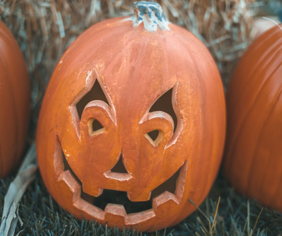A carved pumpkin ready for Halloween.
