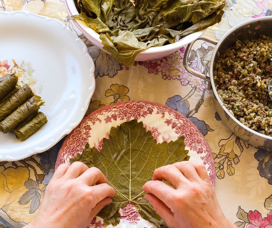 blanched grape leaves ready for stuffing.