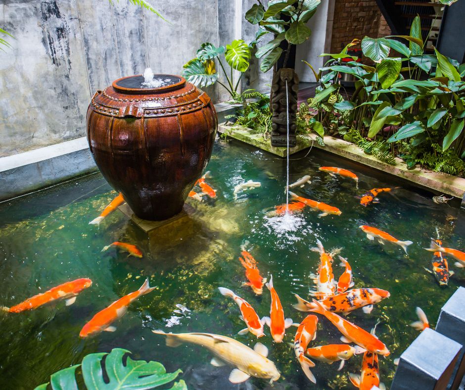 Raised pond featuring Koi and on overflowing pot as a central water feature Koi a classic fish for backyard pond.