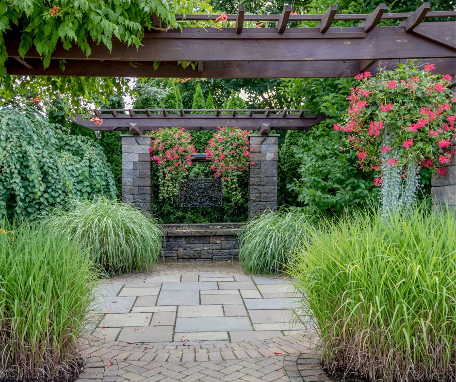 A courtyard surround by pergolas covered in flowering vines, hanging baskets, and clumps of lemongrass.