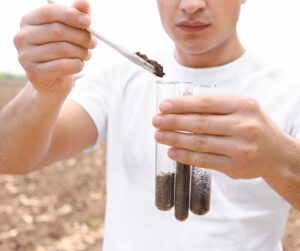A man performing a garden soil test using test tubes in the field.