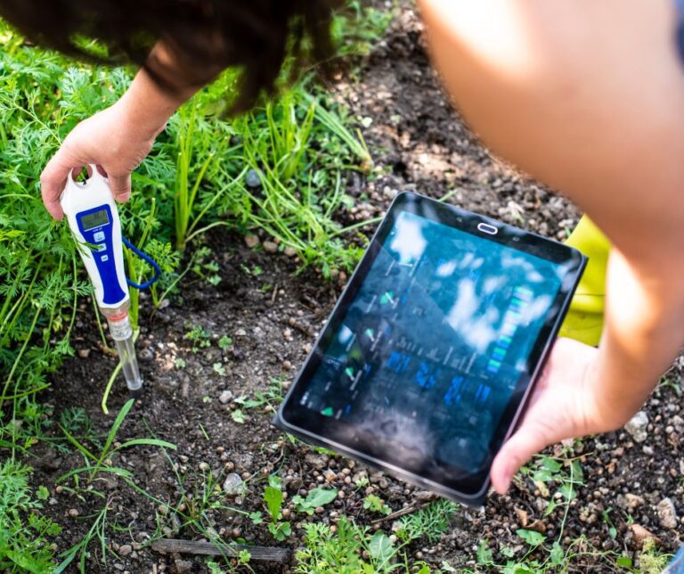 An electronic soil probe that is interfaced with a personal tablet for instant soil testing results.