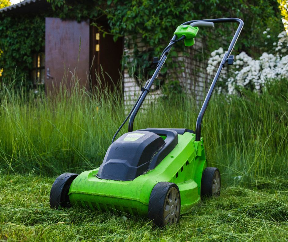 A green electric lawn mower on a patch of freshly mowed grass.