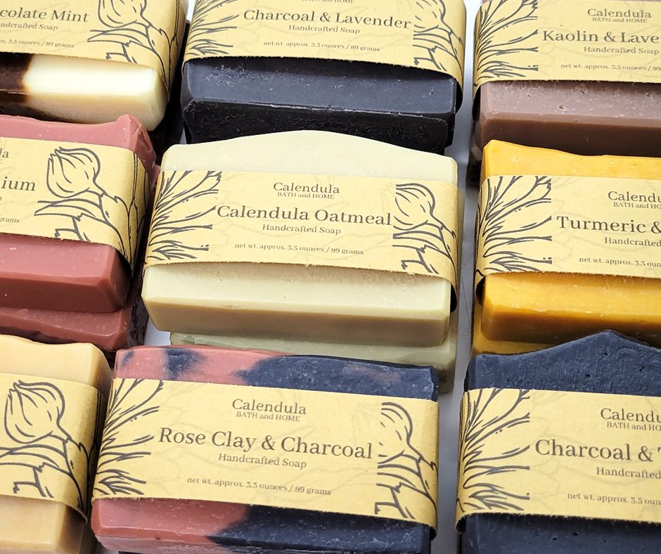 A colorful selection of natural botanical soap bars made with calendula infused oil made by Calendula Bath and home.