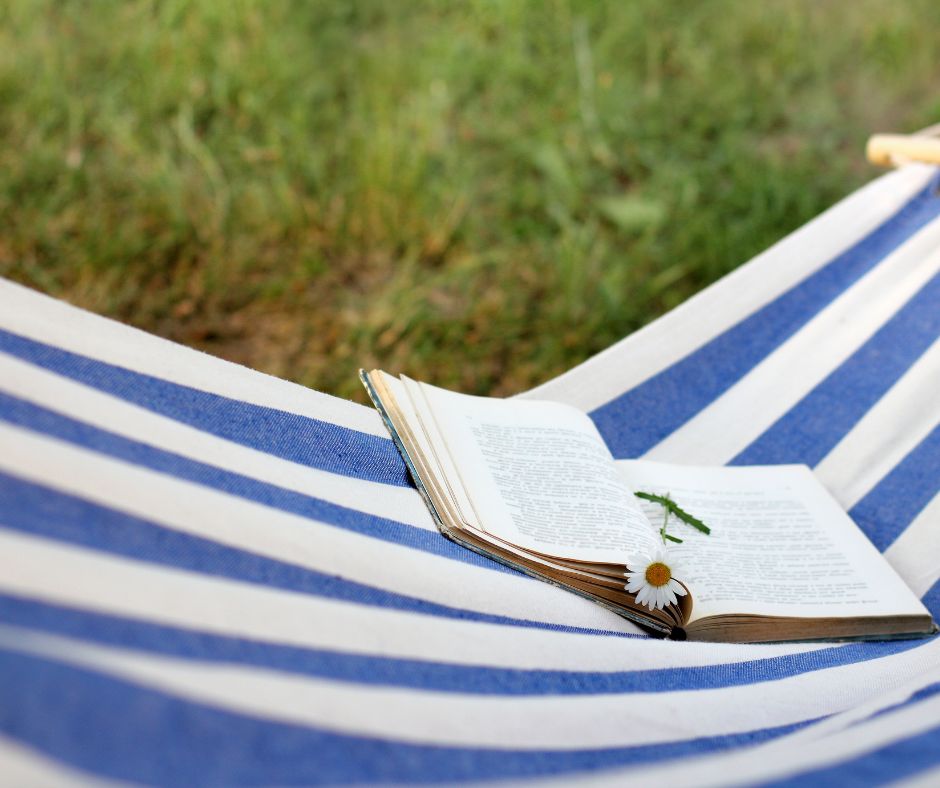 Blue and white striped hammock with an open book and white flower in the center.
