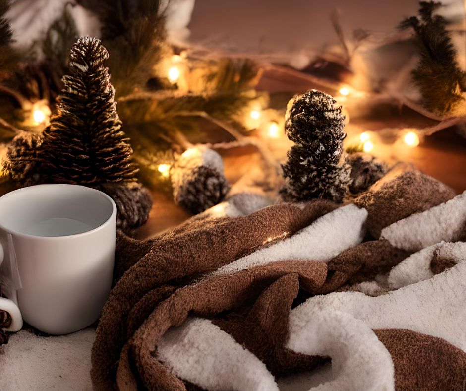 Cozy brown and white blanket, pine cones, and a mug on snow. 