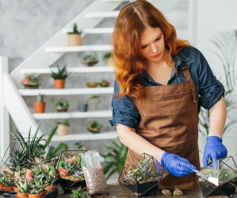 A woman creating an assortment of succulent plant terrariums as gifts for plant lovers.