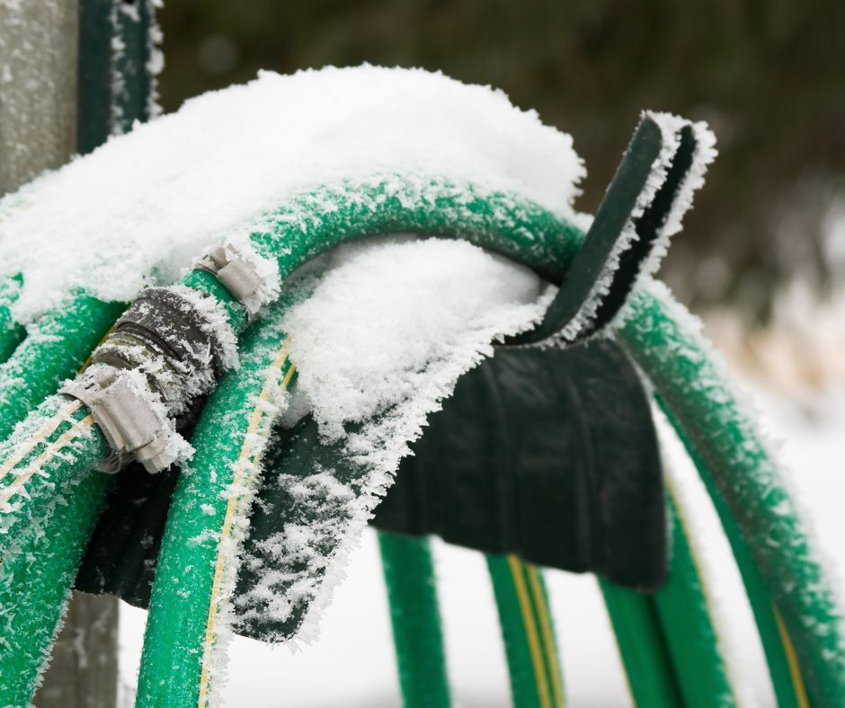 A green water hose covered by snow and frost.
