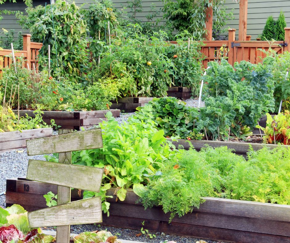 A large early summer garden in raised grow beds.