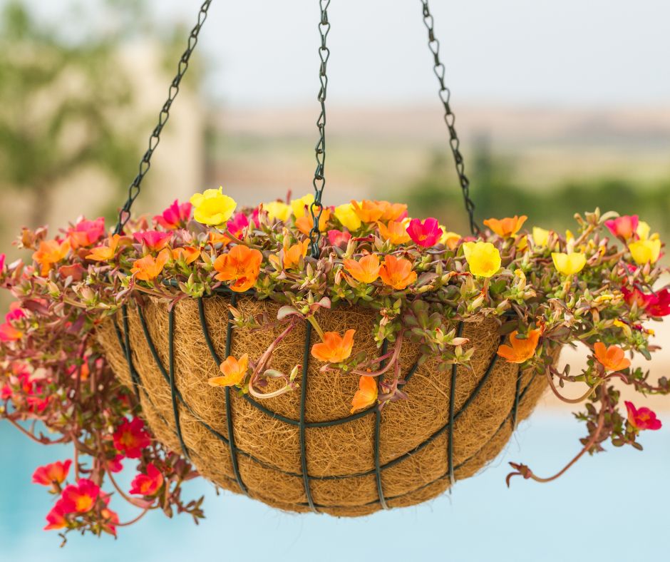 A flowering succulent in a hanging planter.