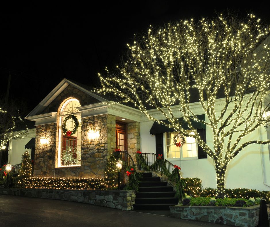 A holiday decorated front yard using a variety of outdoor tree lighting techniques. A large tree with string lights highlight the branches and general form of the tree as well up lighting into the tree canopy.
