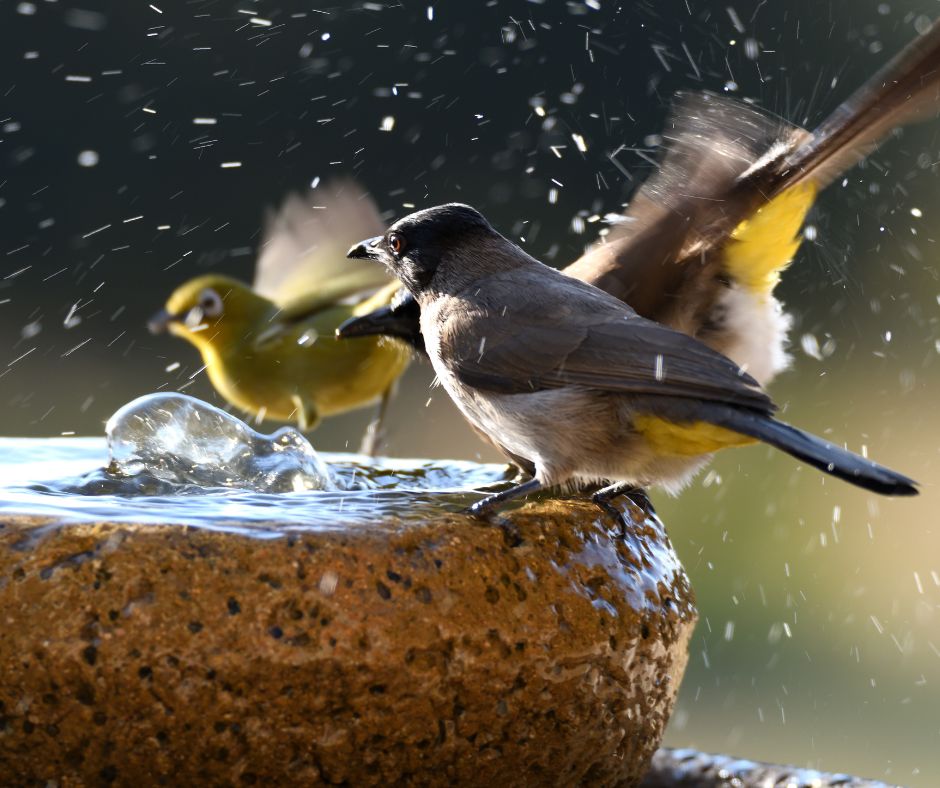Three yellow and grey birds bathing in a water fountain.