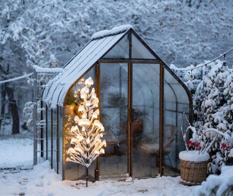 A small backyard greenhouse with snow on it and the surrounding garden. A small tree covered with lights outside door.