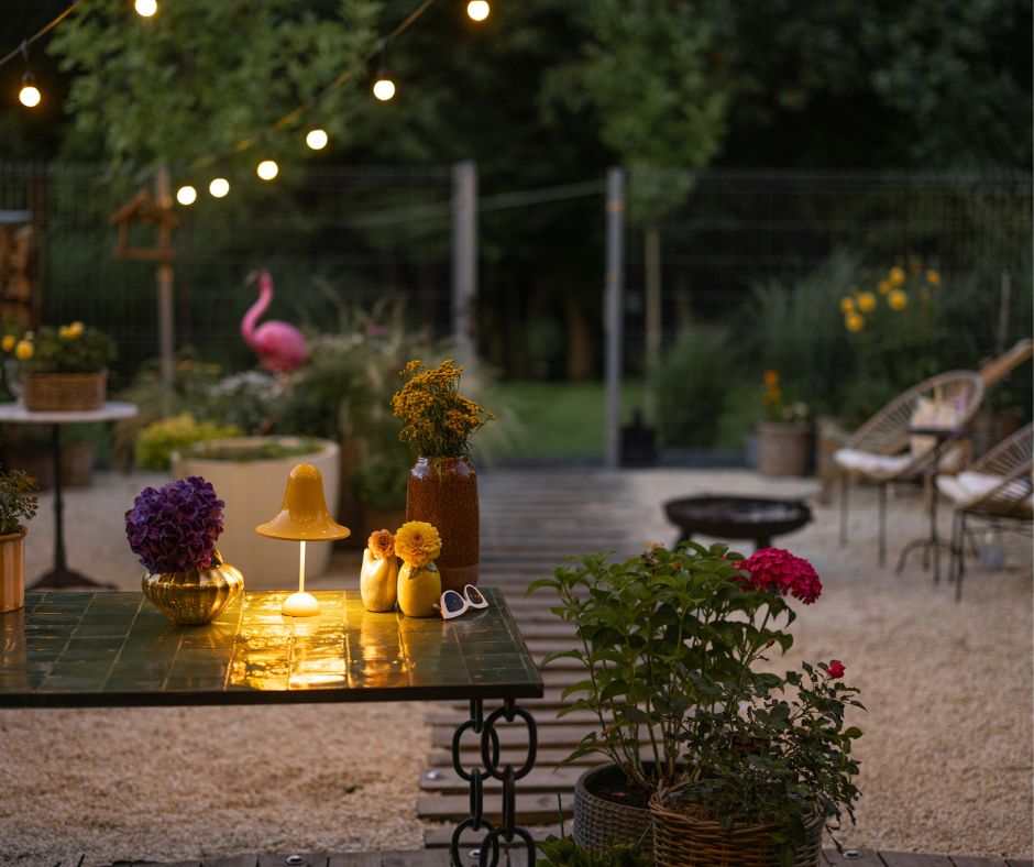 A creatively illuminated backyard seating area. With a mushroom shaped table lamp and string lights.