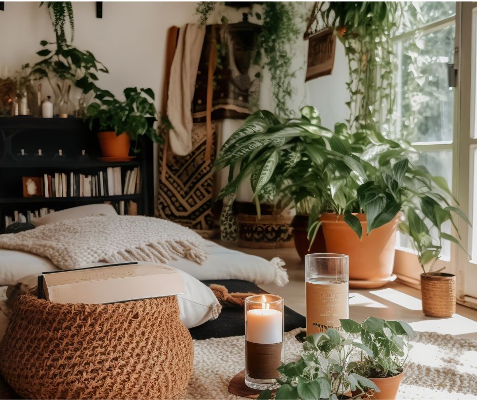 Comfortable reading area with beige blankets, candles, and potted plants.