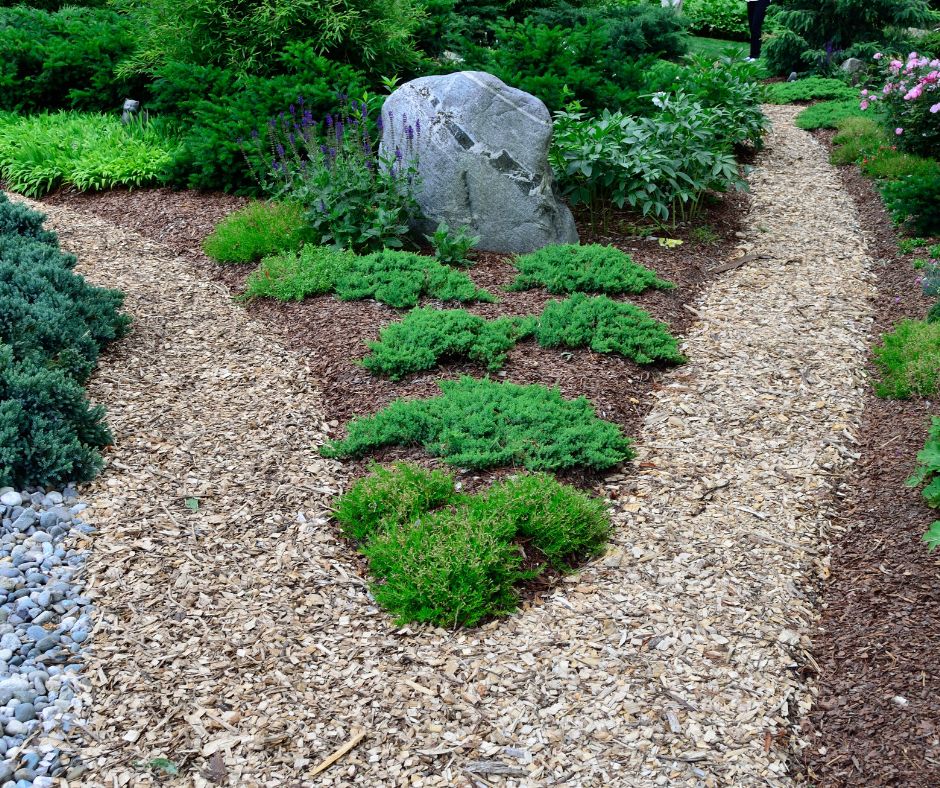 Light and Dark wood chip mulch used in garden beds and paths.