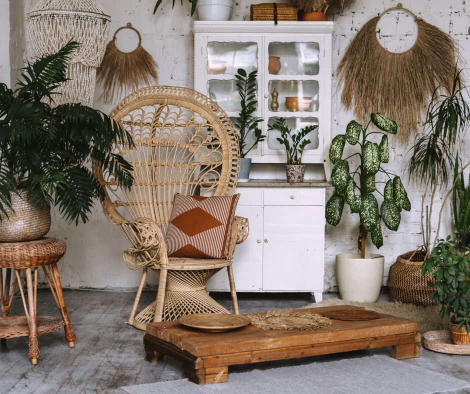 Boho chic room decorated with natural fiber wall hangers, chair, rugs and table. Various potted plants positioned around the room.