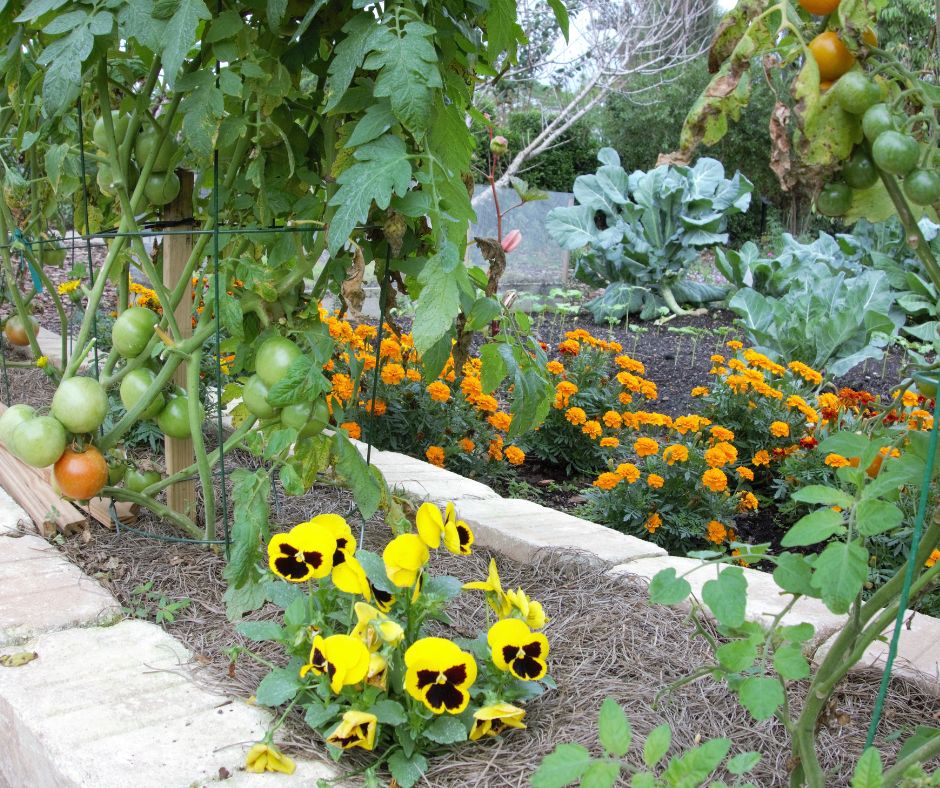 Groups of flowers and vegetables arranged with companion gardening in mind. Including tomatoes, petunias, collards and nasturtiums.
