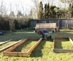 Aman building wood raised bed frames on grass in front of a chicken coop.