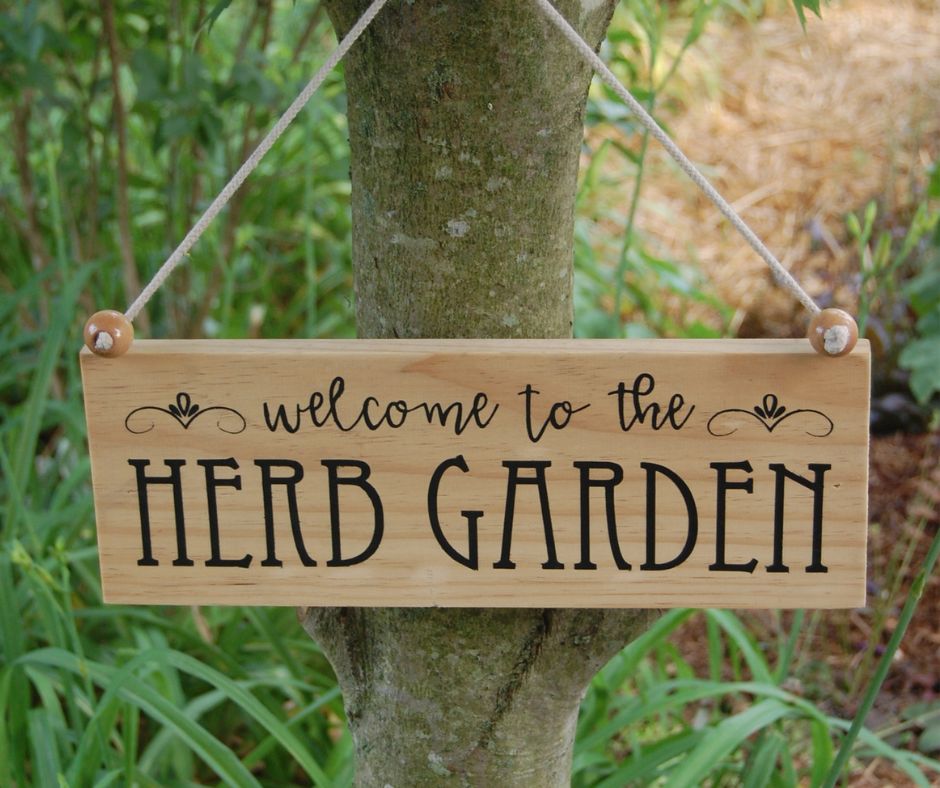 A wooden sign hanging on a tree with the text "Welcome to the Herb Garden".