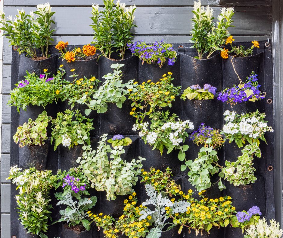 A garden pouch living wall with a mix of herbs and flowers.