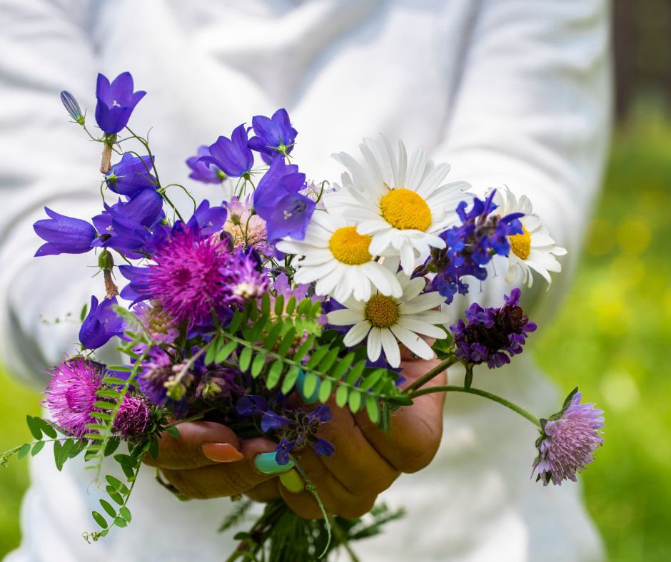 A gardener holding a variety of flowers in their hands. 