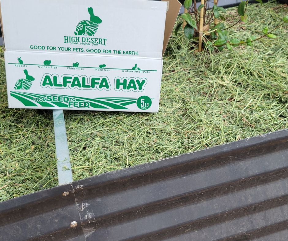 A box of alfalfa hay on a recently mulch garden bed.