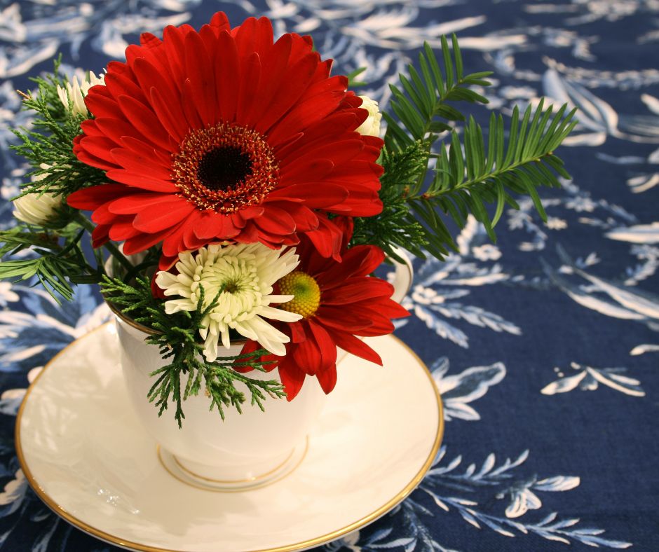 A mini teacup flower arrangement feature a large red flower and evergreen filler.