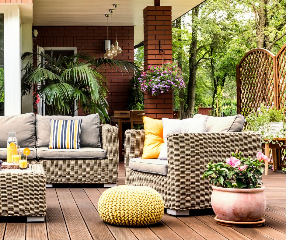 An outdoor patio seating area with privacy screens of potted plants and a free standing lattice wall.