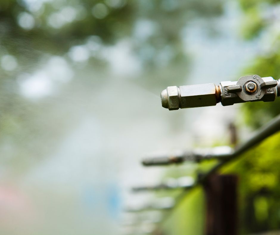 A line of fine mist or fog style patio misting system.