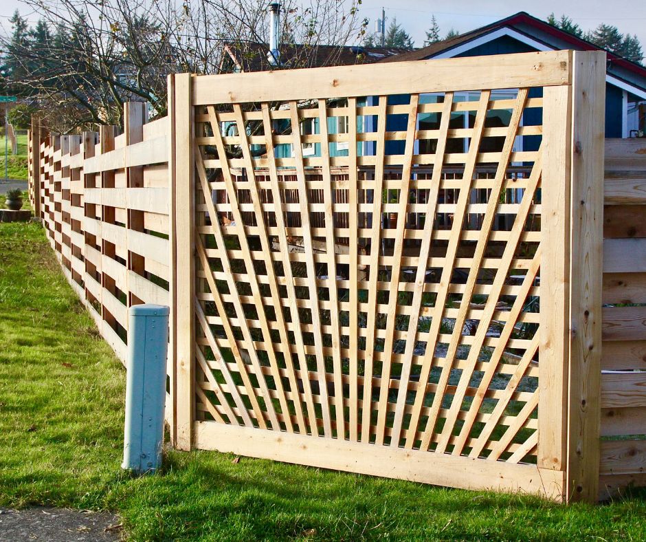 A wooden lattice panel covering a fence corner.