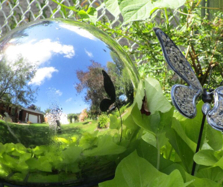 A smooth reflective garden ball.