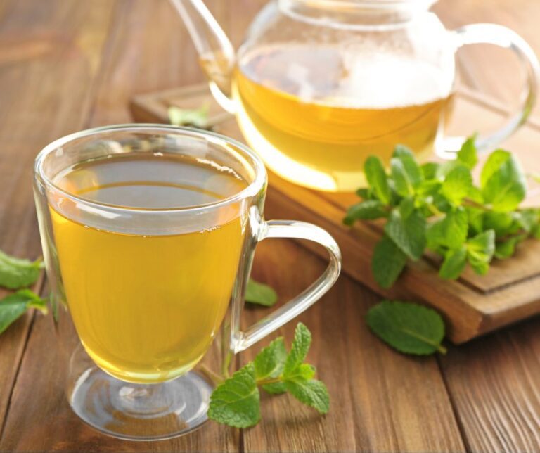 Lemon balm tea in transparent mug and tea pot next to sprigs of fresh tea.