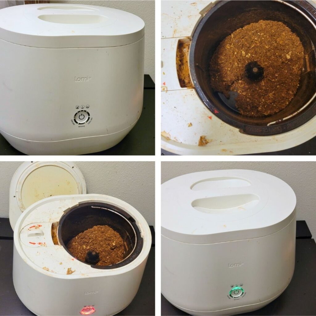 Four pictures of a Lomi electric composter.