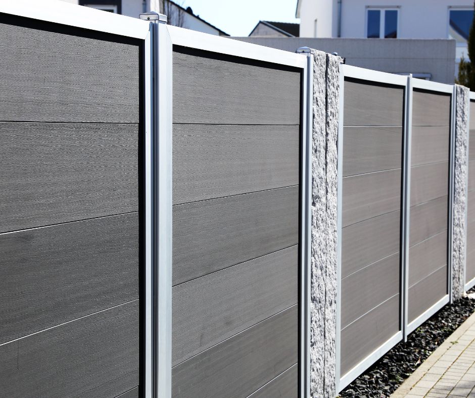 Wood and stone privacy fence in shades of grey.