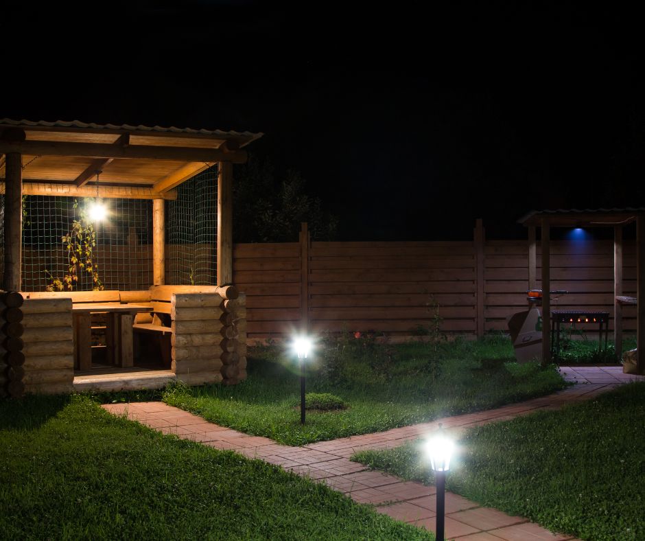 An outdoor kitchen with mosquito repelling lighting installed.