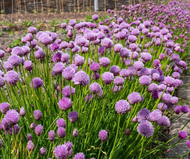 A row of pink blooming chives, a member of the Allium family, growing in a garden.