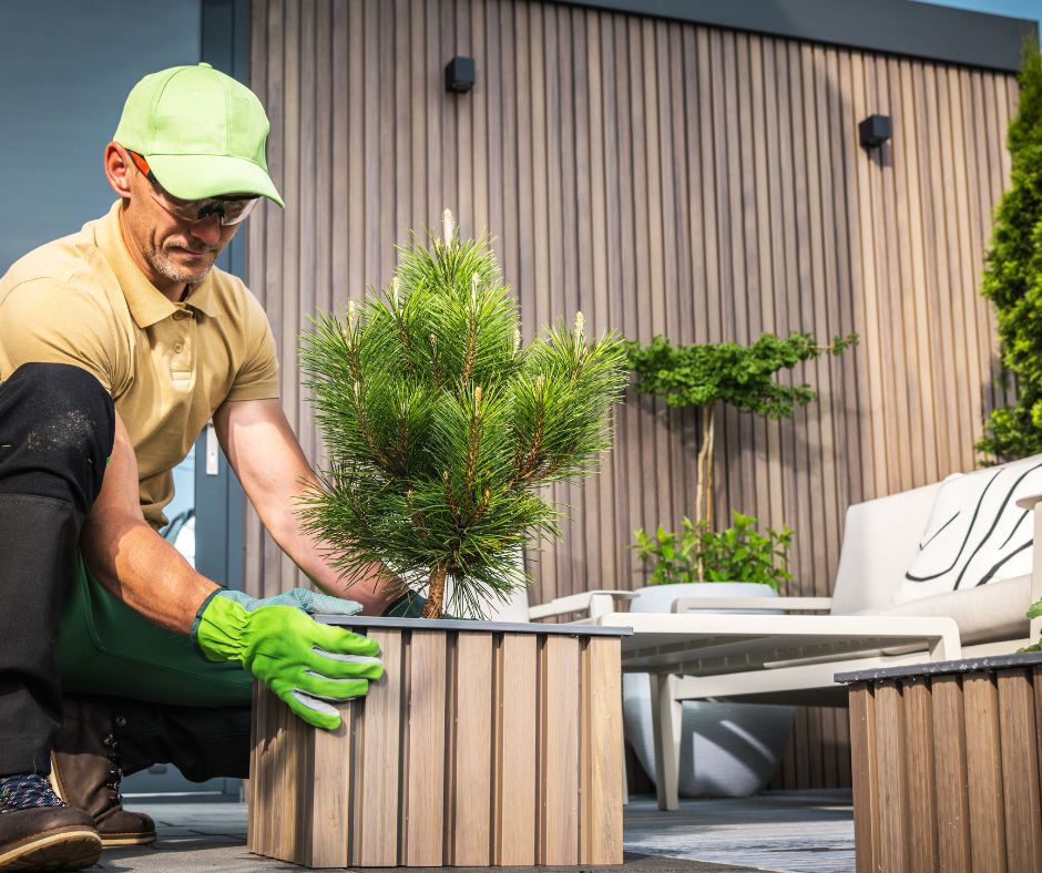 A person adding wood deck planters with mini conifer plants in them.