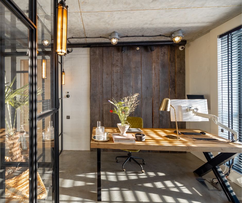 A home office featuring plenty of natural light from large windows.