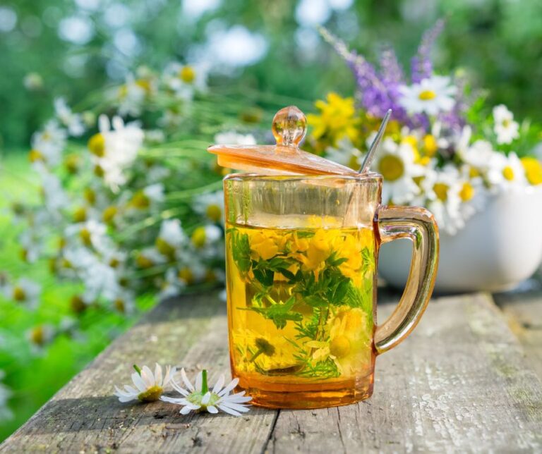 A glass tea infuser on a wood table in a garden.