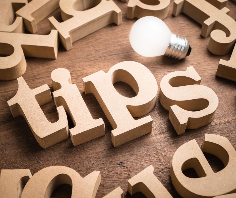 Wood letter cutouts of the word tips next to a light bulb.