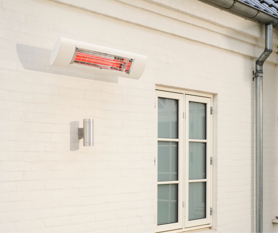 A white wall mounted outdoor deck heater.